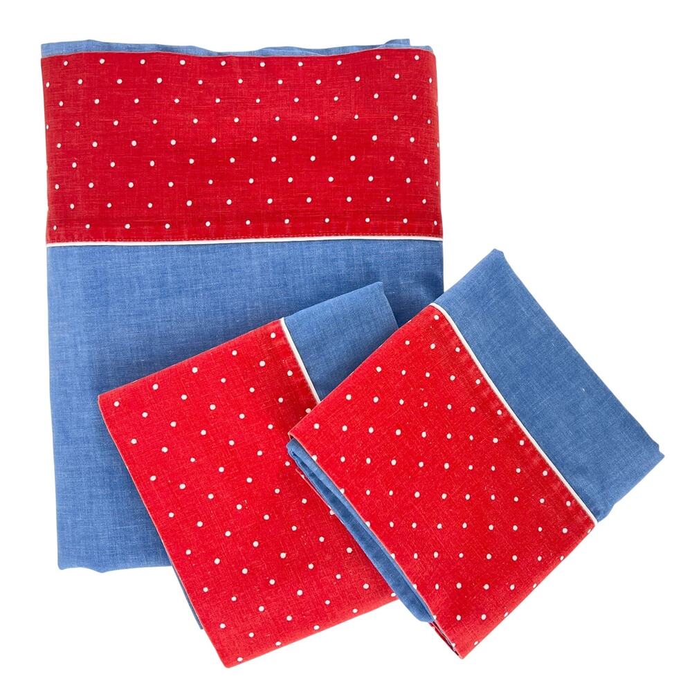 70s queen flat sheet and pillowcases Denim Dot by Utica 1970s vintage